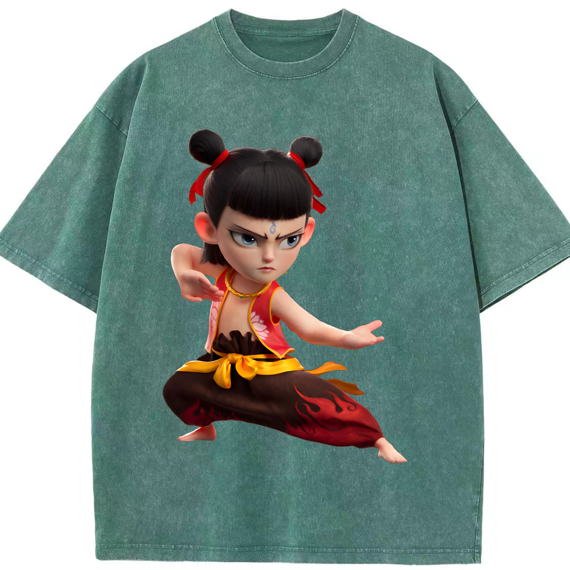 （画像用） Ne Zha 2 ナタ 魔童の大暴れ 綿100% ヴィンテージ風 半袖Tシャツ（フロントプリント）